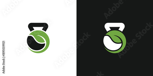 Kettlebell with leaf logo design for healthy lifestyle and fitness.