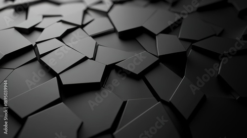 Abstract black geometric shapes forming a modern, textured surface with a 3D effect.
