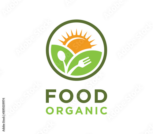Organic Food Logo with Sun Spoon and Fork in Green Circle.