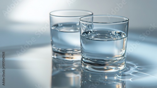 Two clear glasses filled with water sit on a reflective surface, creating crisp shadows and a fresh, clean atmosphere.