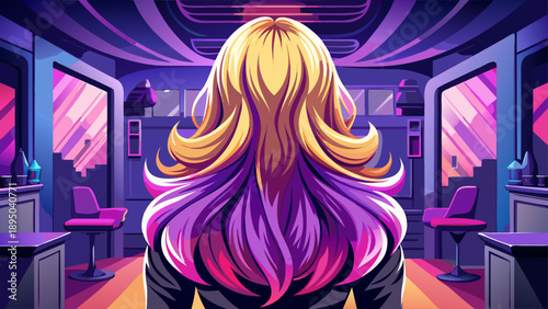 Very beautiful close-up back view of a woman with blonde hair transitioning into a purple ombre, styled smoothly in a modern salon environment, highlighting bold contemporary hair fashion and individu