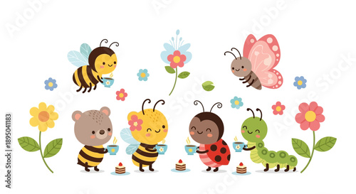 Cartoon animals enjoying tea party together with cakes