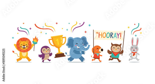 Colorful cartoon animals celebrate with trophy and hooray banner