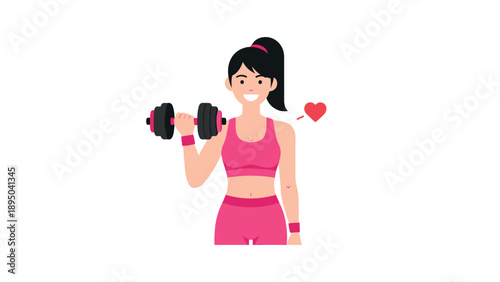 Active woman with dumbbells in pink fitness attire and heart icon