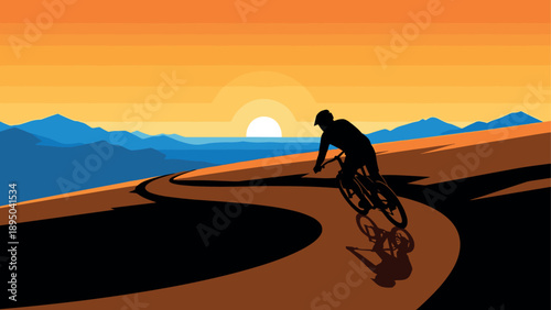 Sunset cyclist on winding mountain path with vibrant horizon and silhouette style