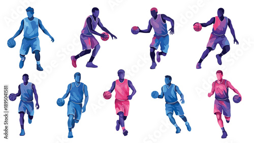 Diverse basketball players in motion with colorful gradient silhouettes