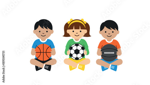 Children sitting with sports balls on white background
