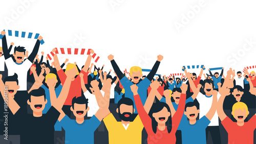Excited fans cheering at a sports event in flat design