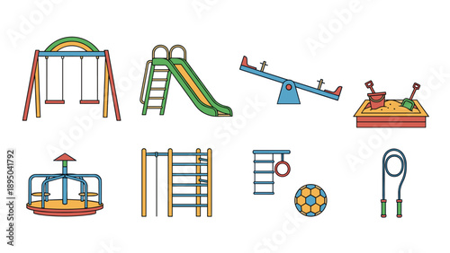 Colorful playground elements for kids: swings, slide, and more