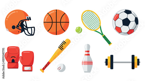 Colorful collection of popular sports equipment icons in flat style