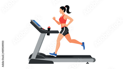 Female athlete running on treadmill in gym workout flat design