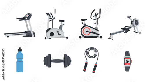 Modern gym equipment for fitness and cardio in flat design