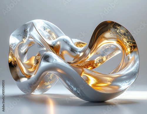 Abstract Metallic and Glass Sculpture with Golden Reflections.