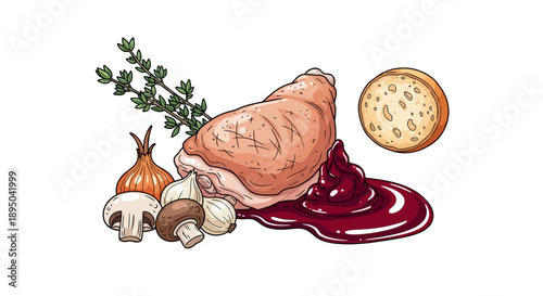 Illustration of a gourmet meal featuring a meat dish with sauce, mushrooms, and herbs on a clean white background from a straightforward viewpoint