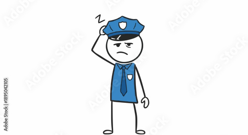 Tired stick figure police officer in uniform looking confused.