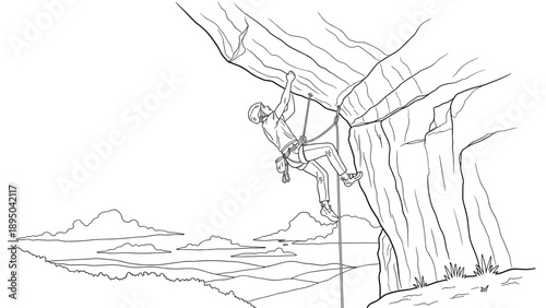 Rock climber ascending cliff line art with scenic landscape