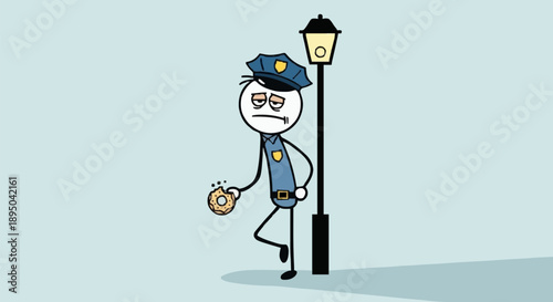 Tired Stick Figure Police Officer on Duty Holding Donut.