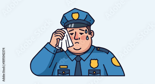Tired Police Officer Wiping Sweat From Face.