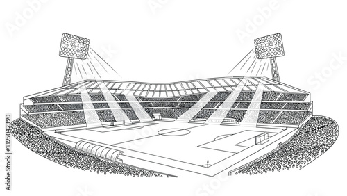 Detailed linear drawing of a modern soccer stadium with floodlights
