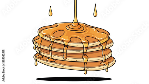 Golden pancake stack drenched in flowing amber syrup, a classic sweet breakfast delight