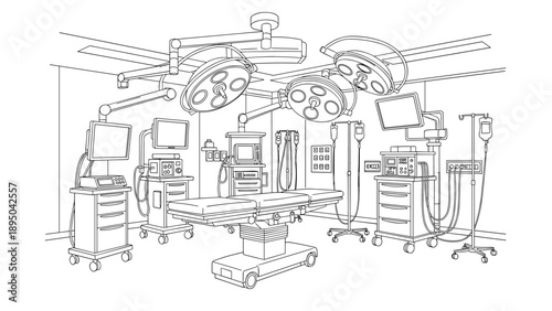 Detailed linear drawing of a modern hospital operating room with equipment