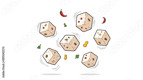 Dynamic culinary toss with flavorful food cubes, spicy chili peppers, fresh herbs, and peanuts creating an appealing illustration