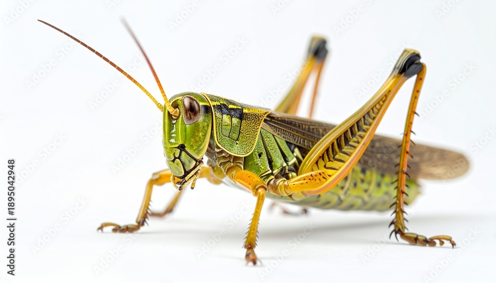 Fototapeta premium Detailed close-up of a vibrant green and brown grasshopper on white.