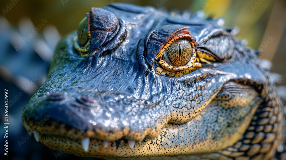 Fototapeta premium Close-up portrait of an alligator with its mouth slightly open, revealing sharp teeth. The alligator has a dark gray body with yellow eyes.