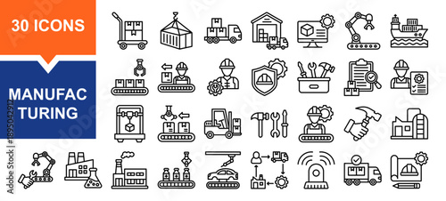Vector set of manufacturing line collection. Containing manufacturing, factory, industry, box