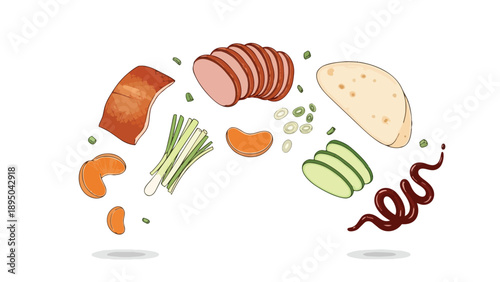 Dynamic culinary composition featuring savory duck, fresh vegetables, sweet citrus, and classic sauce, elegantly arranged for an inviting gourmet