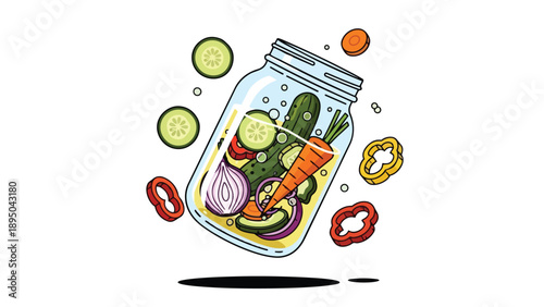 Vibrant assortment of garden-fresh produce artfully arranged within a glass jar, showcasing the essence of healthy eating and homemade preservation.