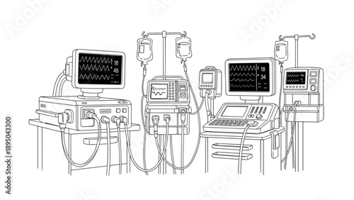 Detailed line art of medical equipment in hospital setting with monitors and iv stands