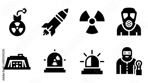 Set of black silhouette nuclear warning icons featuring missiles, biohazard symbols, and emergency alerts