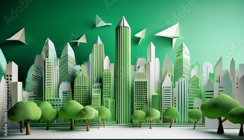 Wallpaper Mural modern cityscape with green tree and paper buildings generative ai Torontodigital.ca
