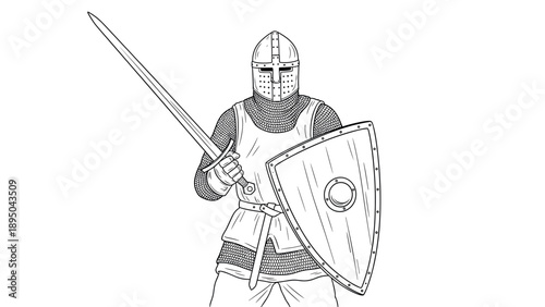 Medieval knight in armor with sword and shield in detailed line art