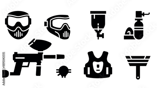 Paintball gear icons: flat silhouette set featuring masks, marker, and protective vest