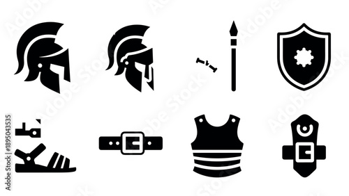 Roman warrior icons set: helmet, shield, armor, sandals, weapons
