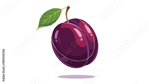 Vibrant single purple plum illustration with a fresh green leaf and delicate stem, showcasing natural sweetness and healthful appeal for modern