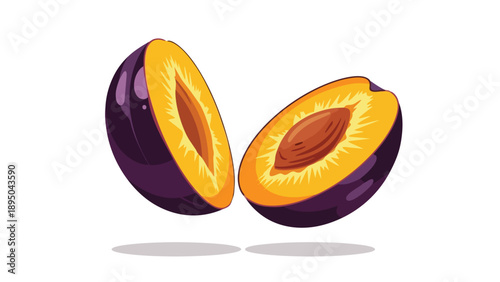 Vibrant two halves of a freshly sliced ripe plum revealing succulent golden flesh and its central seed isolated on a crisp white background