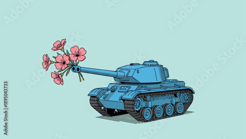Whimsical tank with flowers: peaceful artistic juxtaposition in blue and pink