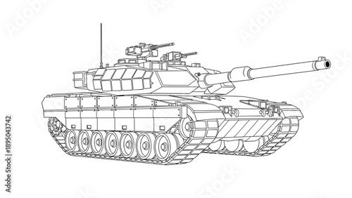 Detailed linear drawing of modern military tank design in black and white