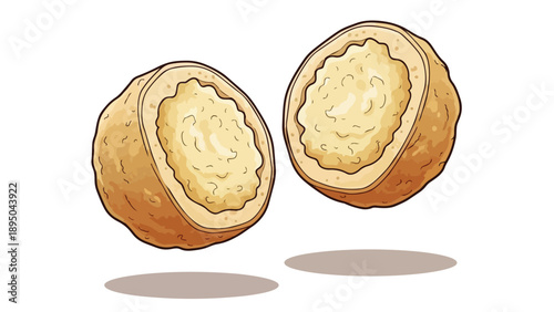 Stylized illustration of two perfectly halved golden fried savory spheres with a textured interior floating above their subtle shadows against a