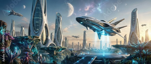 Futuristic space exploration new earth colony digital artwork sci-fi environment wide angle view advanced technology concept for an inspiring tomorrow