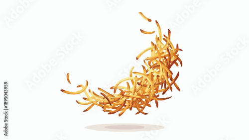 Dynamic crescent of golden crispy french fries elegantly floating against a clean white background artwork.