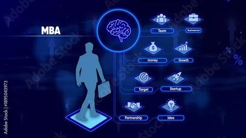 MBA Business Concept with Silhouetted Man and Icons Representing Teamwork Money Growth Target Startup Partnership and Idea