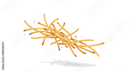 Golden crispy fried potato sticks dynamically scattered with seasoning specks creating an appetizing delicious food illusion against a clean white
