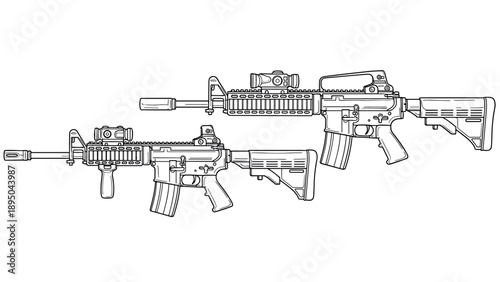Detailed linear drawing of tactical rifles with advanced scopes