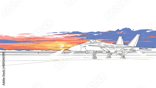 Jet aircraft on runway with vibrant sunset background in linear art style