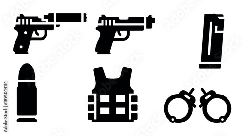 Black silhouette icons of firearms and police equipment on white background