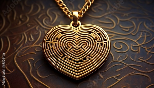 gold labyrinth pendant with heart shaped charm on textured surface